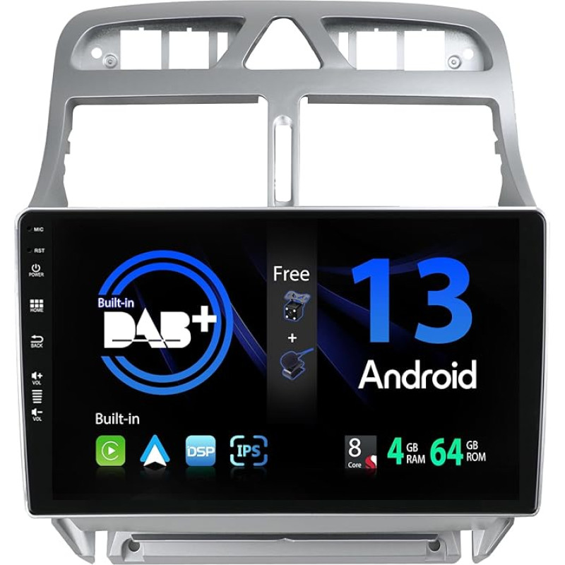 SXAUTO - Įmontuotas DAB - Android 13 IPS automobilinis radijas Peugeot 307 SW CC (2002-2013) - Įmontuotas Carplay/Android Car - LED kamera + MIC - 4G + 64G - 360-CAM vairo valdymas Fast Boot WiFi - 2 DIN