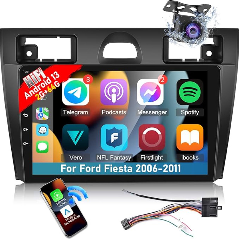 [2+64G] Für Ford Fiesta 2006-2011 Android 13 Autoradio - Drahtlos Carplay & Android Auto, 9 Zoll Touchscreen HiFi Audio - GPS, WiFi, Mirror Link, FM/RDS Radio + AHD Rückfahrkamera