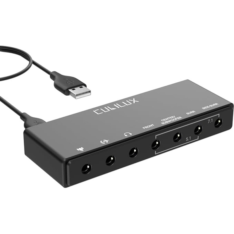 Cubilux Tarjeta de sonido envolvente USB 7.1, 48 KHz-384 KHz muestreo frecuencia de muestreo para auriculares, tarjeta de sonido externa USB A para PC, admite entrada de línea y entrada de micrófono estéreo