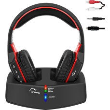 WallarGe Wireless Headphones for TV/TV, Over-Ear Wireless Headphones with RF Digital Charging Station with Range 33 m for TV HiFi, Transmitter with Optical and Aux Port (Black & Red)