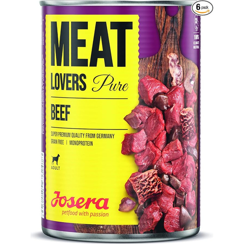 JOSERA Meat Lovers Pure Beef (6 x 800 g) | Suaugusiems šunims | Aukščiausios kokybės drėgnas ėdalas suaugusiems šunims | Ypač daug jautienos (68 %) | Monoproteinai | Be grūdų | Drėgnas ėdalas šunims | Pakuotė po 6 vnt.