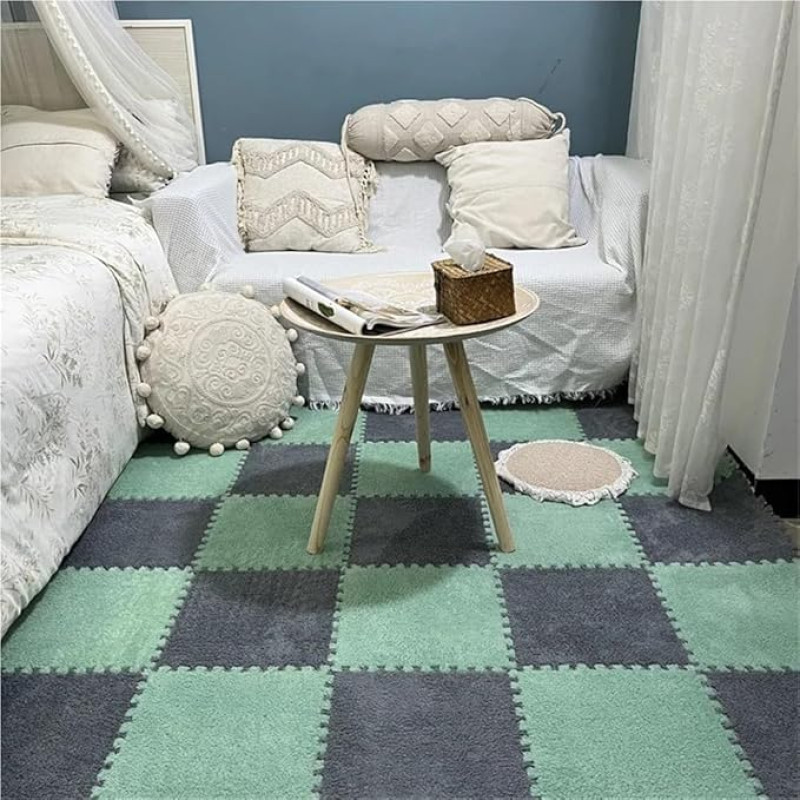 12 Stück weicher, Warmer Plüschteppich, Schaumstofffliesen for den Boden, Teppichquadrate for Zuhause, Wohnzimmer, Schlafzimmer, 30 x 30 cm(Gray-Mint Green)