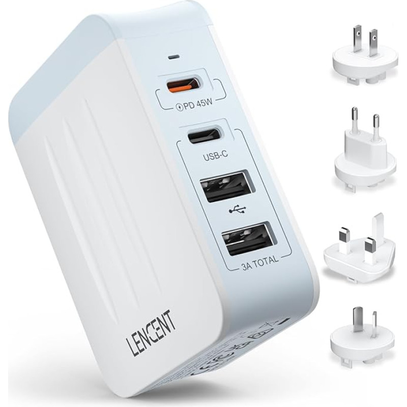 LENCENT Universal Travel Adapter, 45W Multiple USB Charger, International Adapter with 2 PD Type C + 2 USB Ports, Worldwide Travel Plug for Type A/C/G/I (USA/UK/EU/AUS) Sockets, White