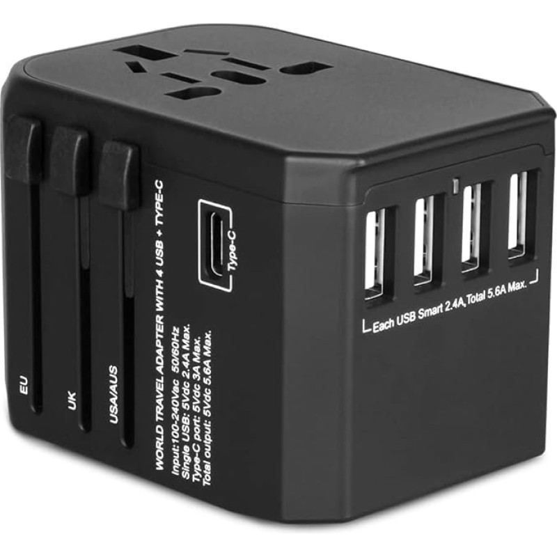 Travel Adapter Travel Plug Worldwide 224+ Countries 5.6A Fast Charge Universal Travel Adapter with 4 USB Ports + Type C and AC Socket Adapter International Power Adapter for USA EU Germany Thailand