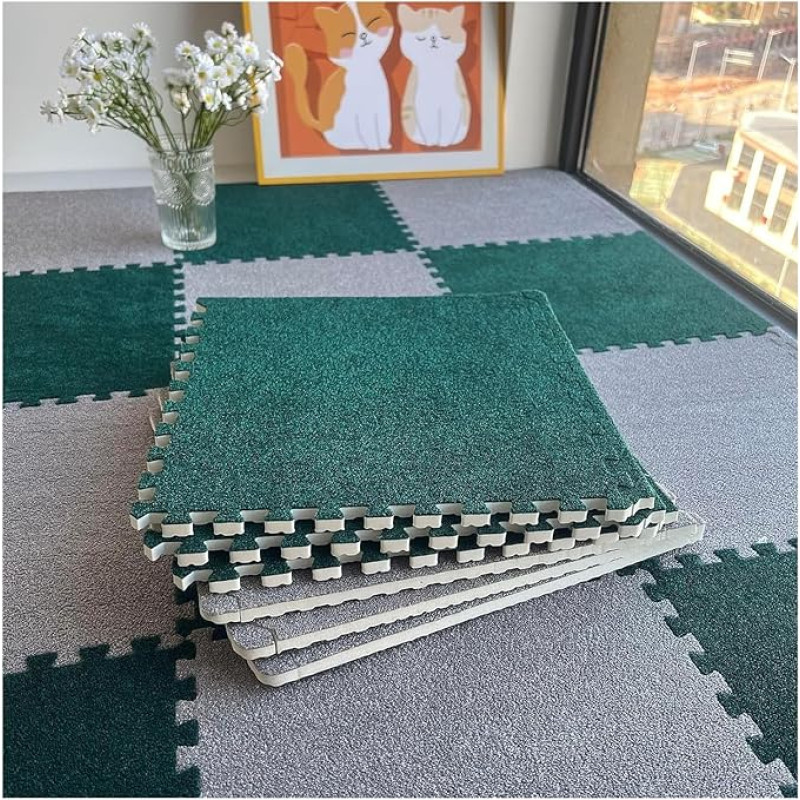 Schaumstoff-Bodenmatte, 12 Stück Puzzle-Schaumstoff-Bodenmatte for Schlafzimmer, ineinandergreifende Teppichquadrate, dünne und dicke Schaumstofffliesen, Verbindungs-Fußmatten(Green+light Gray,0.39 In