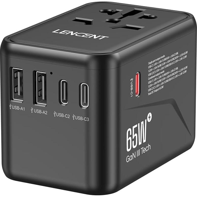 LENCENT Universal Travel Adapter, GaN III 65W International Charger with 2 USB-A & 3 Type-C PD Fast Charge, Worldwide Travel Plug Adapter for Type A/C/G/I (USA/UK/EU/AUS) Sockets, Black