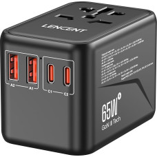 LENCENT Universal Travel Adapter, GaN3 65W International Adapter with 2 QC4.0 USB-A+2 PD3.0 Type-C PPS Fast Charging, Worldwide Travel Plug Adapter for USA/UK/EU/AUS Sockets, Black