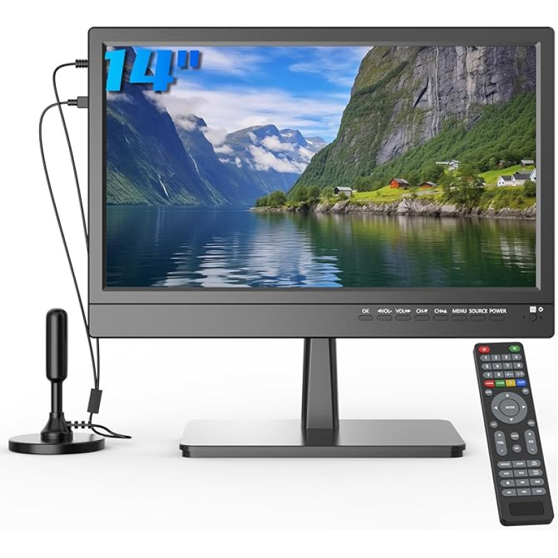 ZOSHING TV 14 Inch TV, 1080p Small TV Screens, Integrated Digital Tuner T2, HDMI/USB Input, AC Power/12 V Automotive Cable