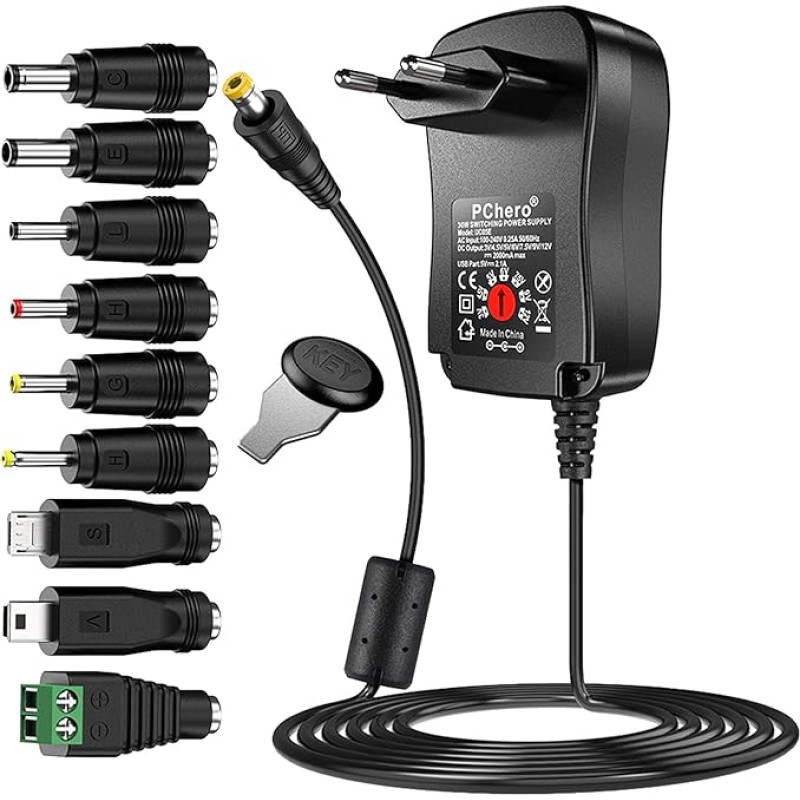 PChero 30W Universal AC/DC Adapter, Switching Power Supply with 9 Adapter Tips, Includes Mini & Micro USB Plug, for 3V to 12V Household Electronics and LED Strips, 2000mA Max, Improved Version