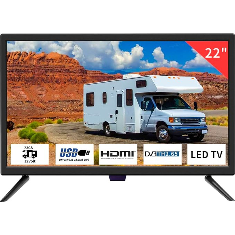 TV 22 Inch HD 1080P TV with Digital Tuners DVB-T2 Freeview Receive 12 Volt TV with HDMI, USB, RCA, VGA Inputs for Bedroom, Motorhomes