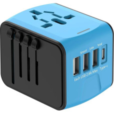 Universal Travel Adapter, JMFONE European Travel Plug Adapter High Speed 2.4A 4*USB, Type-C 3.0A Port & USA/EU/AU/UK AC Sockets Wall Charger for America, Europe, Italy, and More 200 Countries Blue