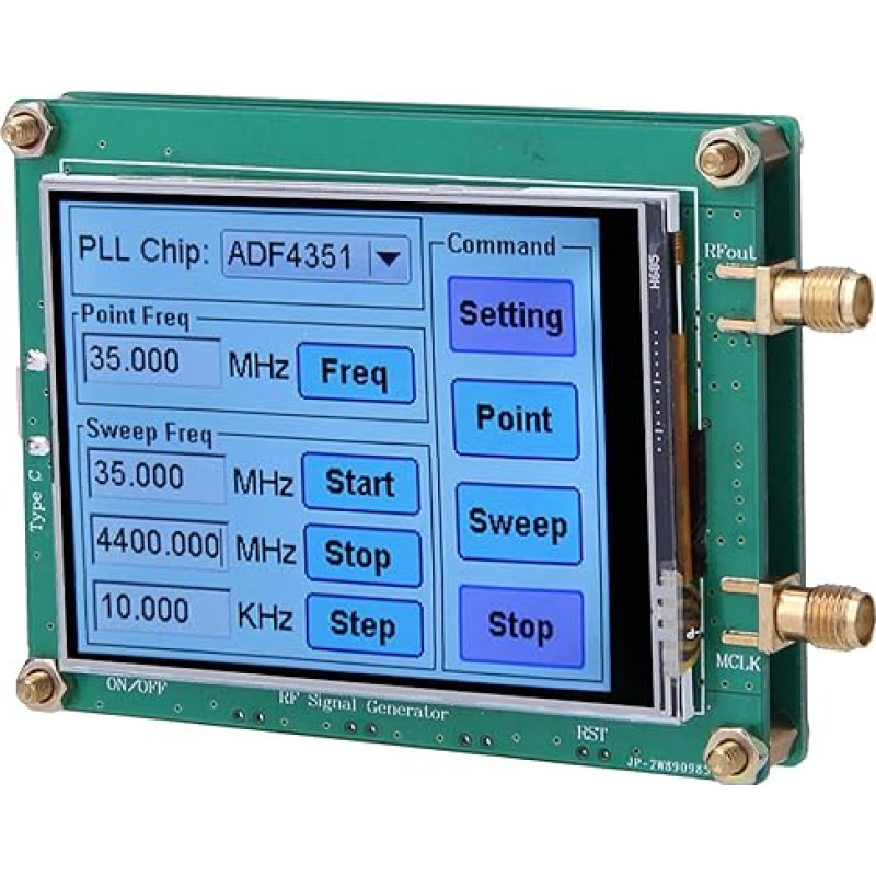 Didelio tikslumo signalų generatorius, Adf4351, RF signalų generatorius, funkcijų generatoriai, jutiklinis ekranas, RF dažnio modulis, kompiuterio skaitiklio valdiklis su duomenų kabeliu, SMA moteris