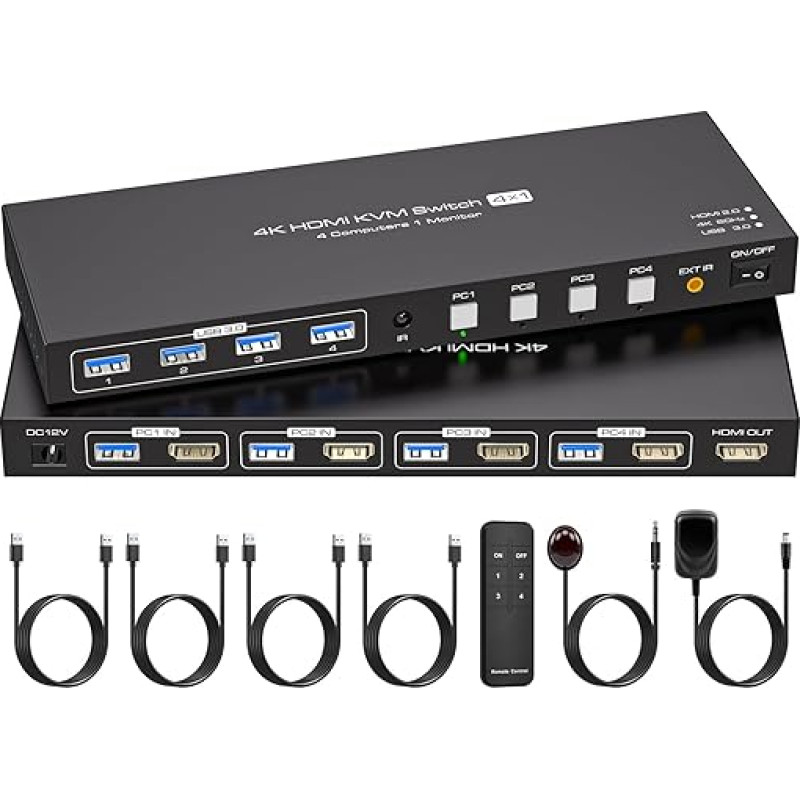 VPFET 4 prievadų HDMI KVM jungiklis 4 kompiuteriai 1 monitorius 4K60Hz KVM jungikliai HDMI 2.0 Dalintis 4 USB 3.0 įrenginiais Palaiko modeliavimo EDID su DC12V maitinimo adapteriu ir 4 USB 3.0 kabeliu