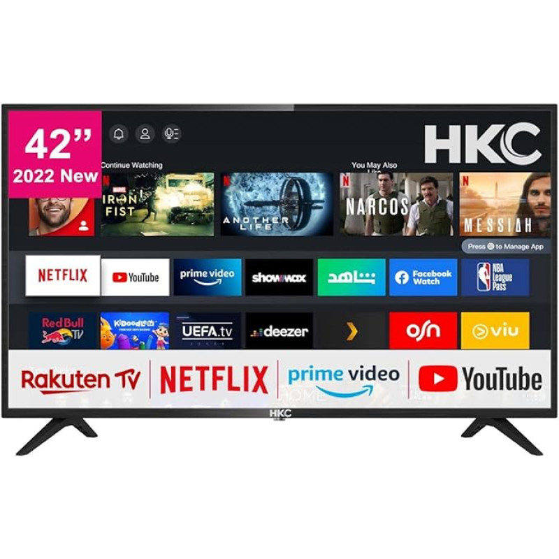 HKC 42 Inch (106 cm) Smart TV with Netflix, Prime Video, Rakuten TV, DAZN, Disney+, YouTube, UVM, WiFi, Triple Tuner DVB-T2/S2/C