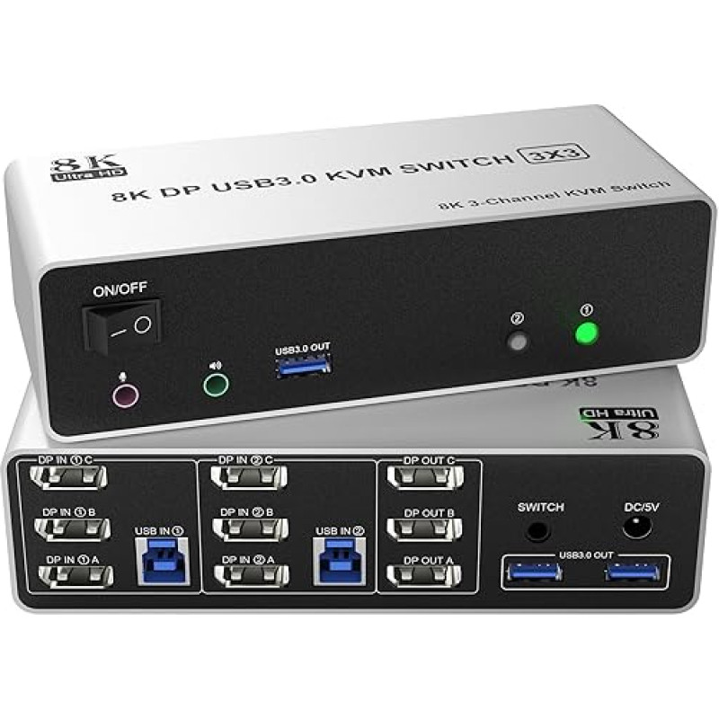 8K @ 60Hz Displayport USB 3.0 KVM jungiklis 3 monitoriai 2 kompiuteriai DP 1.4 KVM jungiklis Trigubas monitorius su garso mikrofono išvestimi ir 3 USB 3.0 prievadais Trigubas monitorių jungiklis