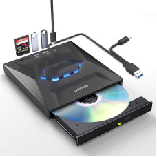 UNITEK išorinis CD DVD diskas, USB C nešiojamasis CD/DVD +/-RW diskas/DVD grotuvas su SD kortelių skaitytuvu USB 3.0 USB C koncentratorius CD ROM įrašymo įrenginys, suderinamas su nešiojamuoju staliniu kompiuteriu Windows Linux OS Apple Mac