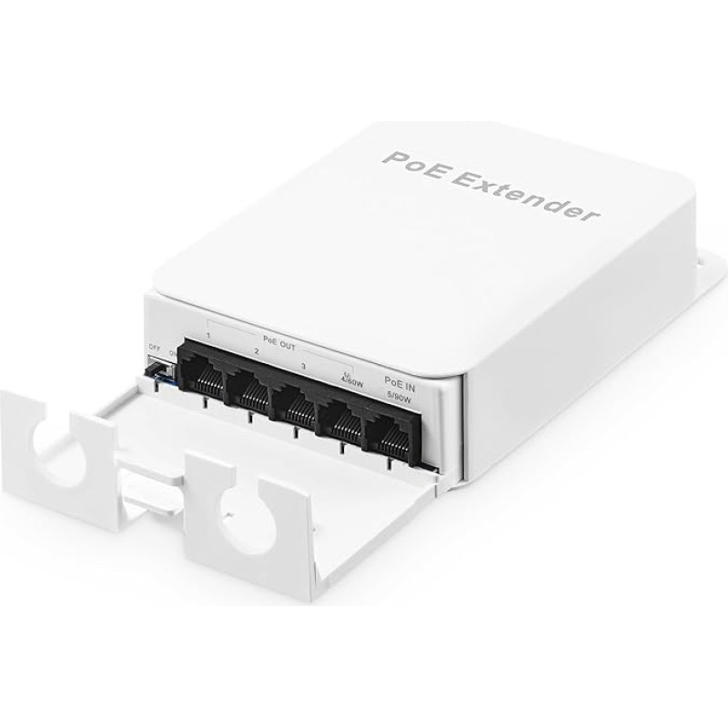 Lauko PoE pralaidumo jungiklis, 1 PoE in 4 PoE Out Extender, IEEE802.3af/at/bt PoE maitinimas 90W, 100Mbps Ethernet, montavimas ant sienos, atsparus vandeniui, Plug and Play