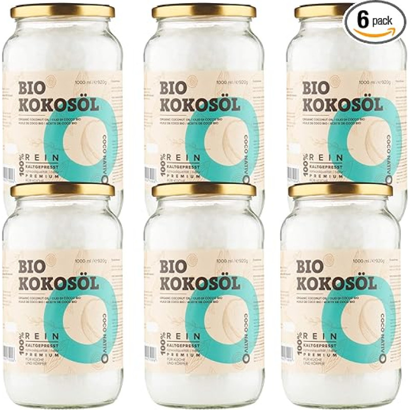 Ekologiškas kokosų aliejus CocoNativo 6 x 1000 ml (6 l), 6 vnt., ekologiški kokosų riebalai, aukščiausios kokybės, vietinis, šalto spaudimo, žalio maisto kokybės, grynas, skirtas virimui, kepimui, kepimui, plaukams, odai (6 x 1000 ml)