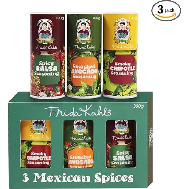 Frida Kahlo Smoker House Meets Mexican Spices & Spices - 300g Mexican Spices Gift Set - Avocado Spices, Smoky Chipotle & Spice Salsa Spice - A Cullinary Tribute