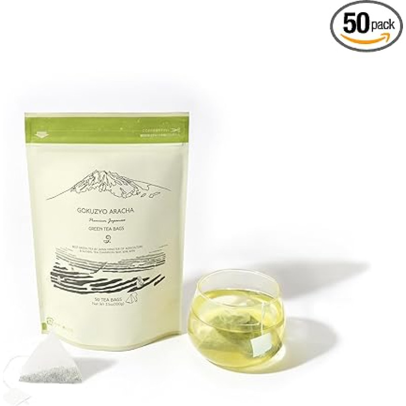 Japanese Green Tea Co Gokuzyo Aracha - Highest Level Japanese Raw Tea Deep Steam Sencha Green Tea with Intense Aroma and Taste - 50 Tea Pyramid Bags