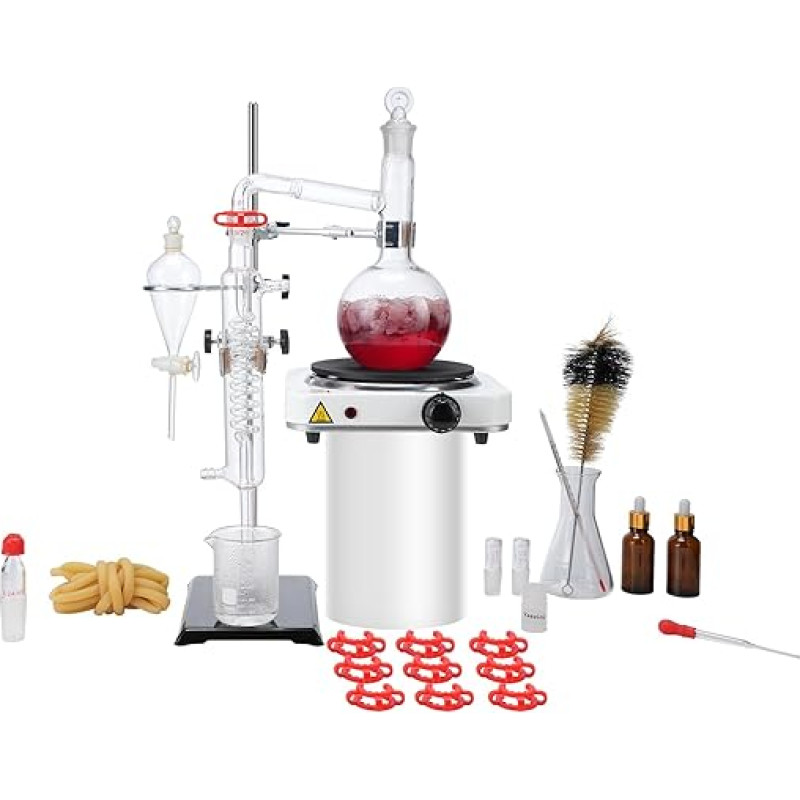 VEVOR Essential Oil Distillation Kit, 500ml Distillation Apparatus, 3.3 Boro-Lab Glass Distillation Kit with 1000W Heating Plate and 24, 40 Joints, 33 Pieces Set