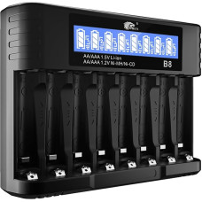 IMREN Battery Charger AA AAA, 8 Slots 1.2 V NiMH/NiCD 1.5 V Lithium AA AAA Batteries Charger, 5 V 2 A Type-C Fast AA AAA Battery Charger with LCD Display