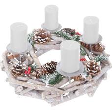 Round Advent Wreath, Christmas Decoration, Table Wreath, Wood, Diameter 35 cm, White/Grey, with Candles, White
