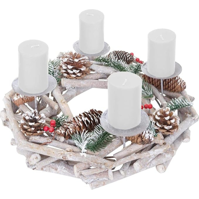 Round Advent Wreath, Christmas Decoration, Table Wreath, Wood, Diameter 35 cm, White/Grey, with Candles, White
