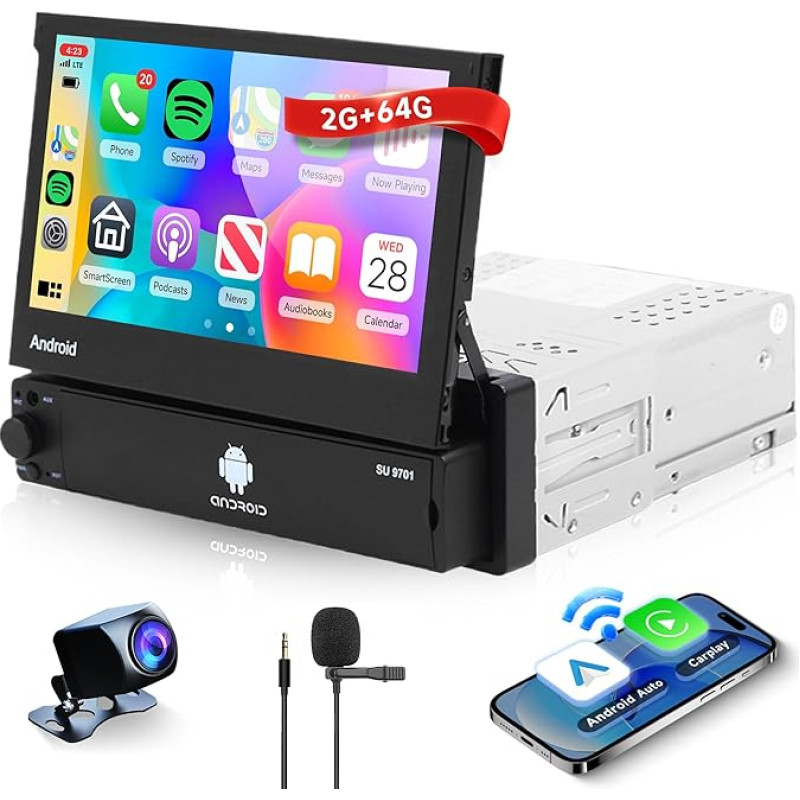 2G + 64G Wireless Carplay Android 13 Car Radio 1 DIN with Android Car Navigation GPS WiFi 7 Inch Retractable Screen Car Radio with Mirror Link Bluetooth FM/RDS/DAB/EQ/DVR Steering Wheel Control