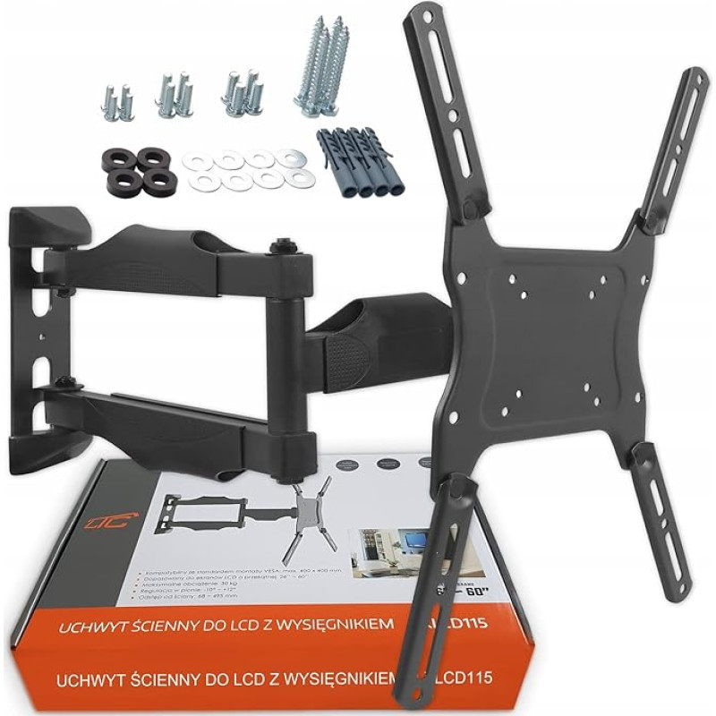 LTC LCD115 televizoriaus laikiklis su kampu, reguliuojamu iki 15°, universalus visiems televizoriams nuo 26 iki 60 colių ir didesniems iki 30 kg, juodas