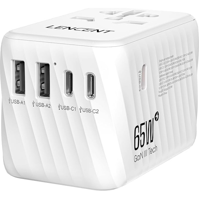 LENCENT International Travel Adapter, 65W GaN3 Universal Adapter with 2 USB A+3 Type C PD, Worldwide Power Adapter for Mobile Phones, Laptops, All in One Travel Plug for EU/USA/UK/AU Sockets, White