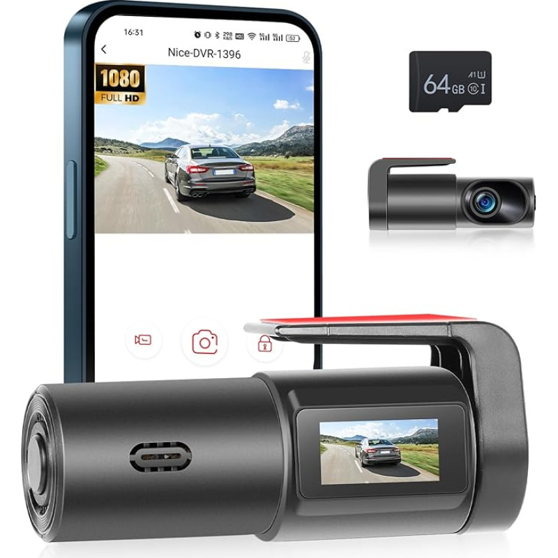 Hodozzy Dash Cam Car Front, WiFi HD 1080p Dash Cam with 64GB SD Card, Mini Dash Cams for Cars with Super Night Vision, WDR, Wide Angle Car Dashboard Camera Recorder, Loop Recording, App Control