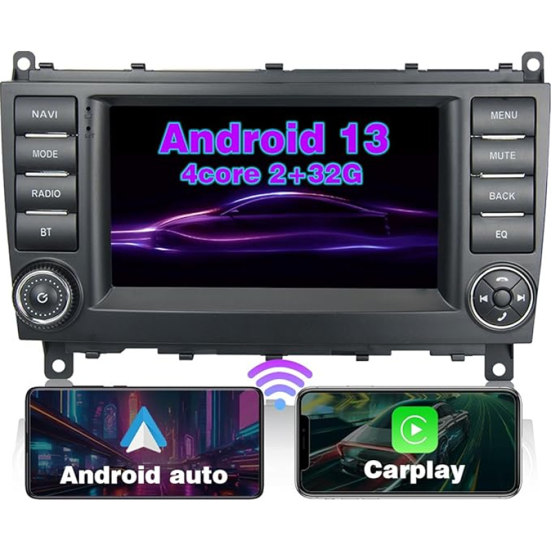 RICBAFEE automobilinis radijas Mercedes Benz CLK W209 (2006-2012)/CLS W219 (2004-2008), 7 colių CarPlay Android automobilinis radijas su GPS navigacija, FM, valdymas vairu, atbulinės eigos kamera (2+32GB 4Core)