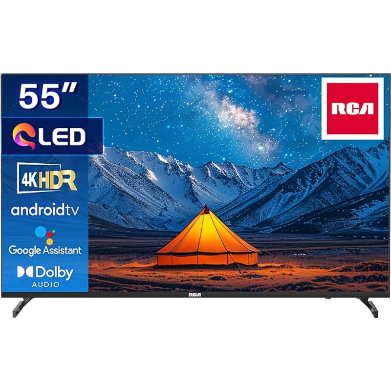 RCA QLED Smart TV 55 Inch TV Android TV 4K HDR HLG Dolby Audio Google Assistant Triple Tuner HDMI USB Bluetooth WiFi