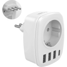 VINTAR Adapter Italy Socket, 5-in-1 Travel Adapter Italy with 3 USB Ports and 1 USB C Port, Suitable for Travel Adapter in Italy, Maldives, Chile, Uruguay, White, TYPL