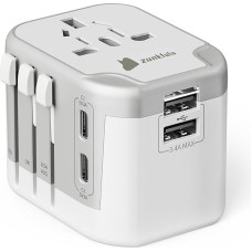 zunkfulu Travel Adapter Worldwide, Universal Travel Plug with 2 USB-C, 2 USB-A, International Socket Adapter, Travel Adapter for Germany, USA, UK, EU, England, Thailand, Italy, Japan, Canada, China