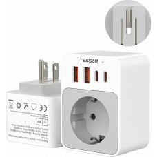 TESSAN USA Adapter Socket, 5 in 1 Travel Adapter USA with 2 USB C and 2 USB A, Small Folding Design, 1875 W Adapter USA Germany Plug, 20 W USB C Quick Charge, Travel Plug Type B for Canada