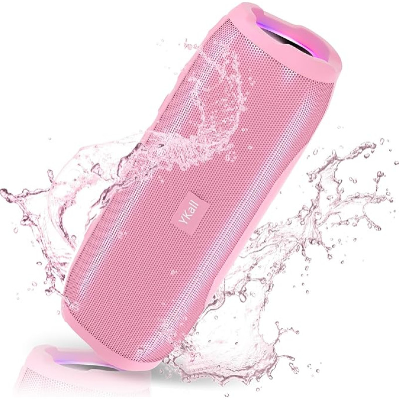 Ykall Bluetooth Speaker 20 W, LED Music Box, Bluetooth Box, Waterproof IPX6.360° HD Stereo Speaker Sound, 36 Hours Playtime, Supports FM Radio, AUX, TF (Pink)