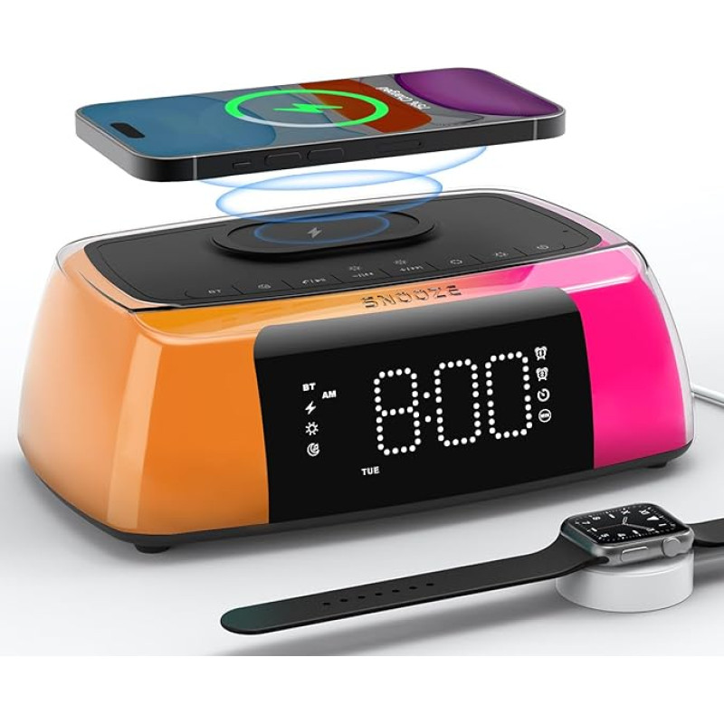 Digital Alarm Clock with Wireless Charging, Bluetooth Speaker, Night Light, Sound Machine, 0-100% Dimmer, USB Charger, Loud Bedside Clock for Heavy Sleepers, Adults, Teenagers (Multi-Colour)