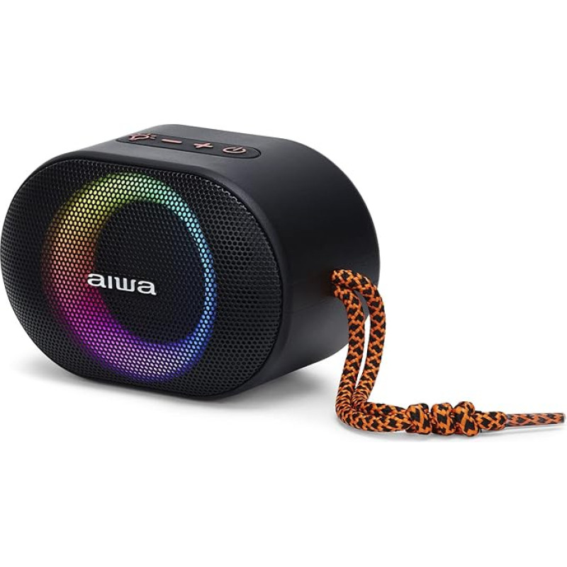 Aiwa BST-330BK Compact TWS Bluetooth Speaker Durable and Powerful with Hyperbass Technology, 10W Power, RGB Lighting, Card Reader, Waterproof Colour: Black and Orange