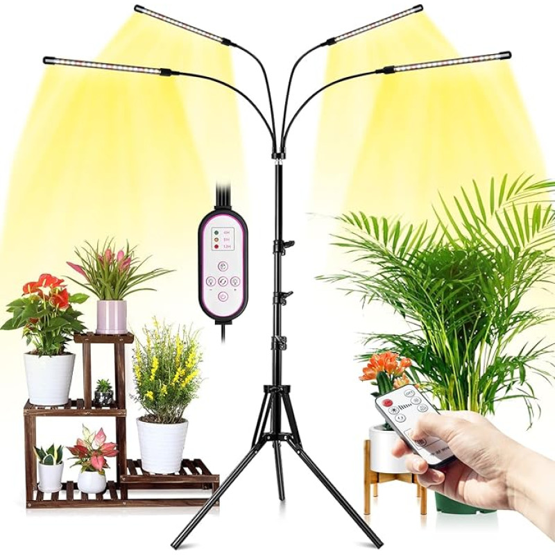 wolezek Augalų lempa, pilno spektro, LED auginimo lempa su stovu, 3000 K 6500 K 660 nm žemės augalų šviesa, augalų šviesa, trikojis, reguliuojamas 28-160 cm, laiko režimas 4/8/12H, 3 režimai ir 10 ryškumo lygių