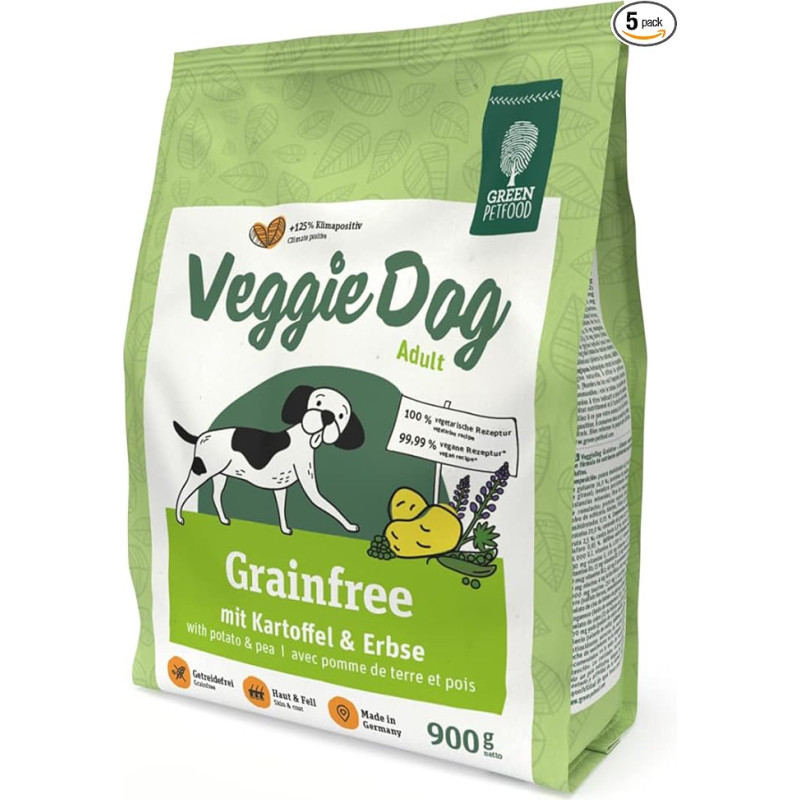 Green Petfood VeggieDog Grainfree (5 x 900 g), vegetariškas maistas šunims be grūdų, tvarus sausas maistas suaugusiems ir jautriems šunims, maistas šunims su bulvėmis ir žirniais