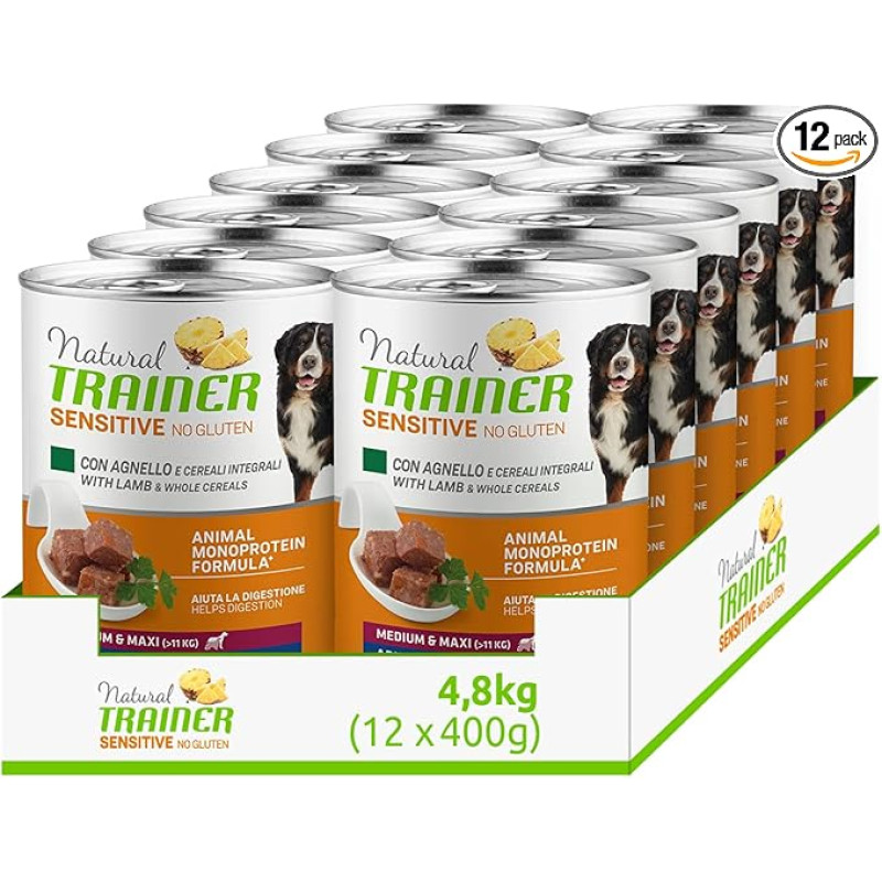 Natural trainer Sensitive No Gluten Medium - Maxi drėgnas ėdalas šunims su ėriena ir pilno grūdo produktais, 12 x 400 g