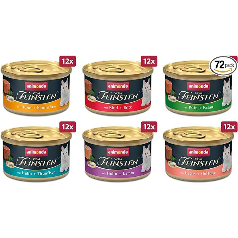 Geriausias putėsinis drėgnas ėdalas (72 x 85 g), katėms skirtas drėgnas ėdalas be grūdų ir animondos cukraus, su šviežiais mėsos ingredientais.