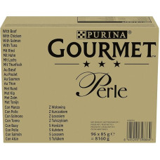 Purina Gourmet Beads in Sauce Šlapias maistas katėms su jautiena, vištiena, lašiša, tunu, 96 maišeliai po 85 g
