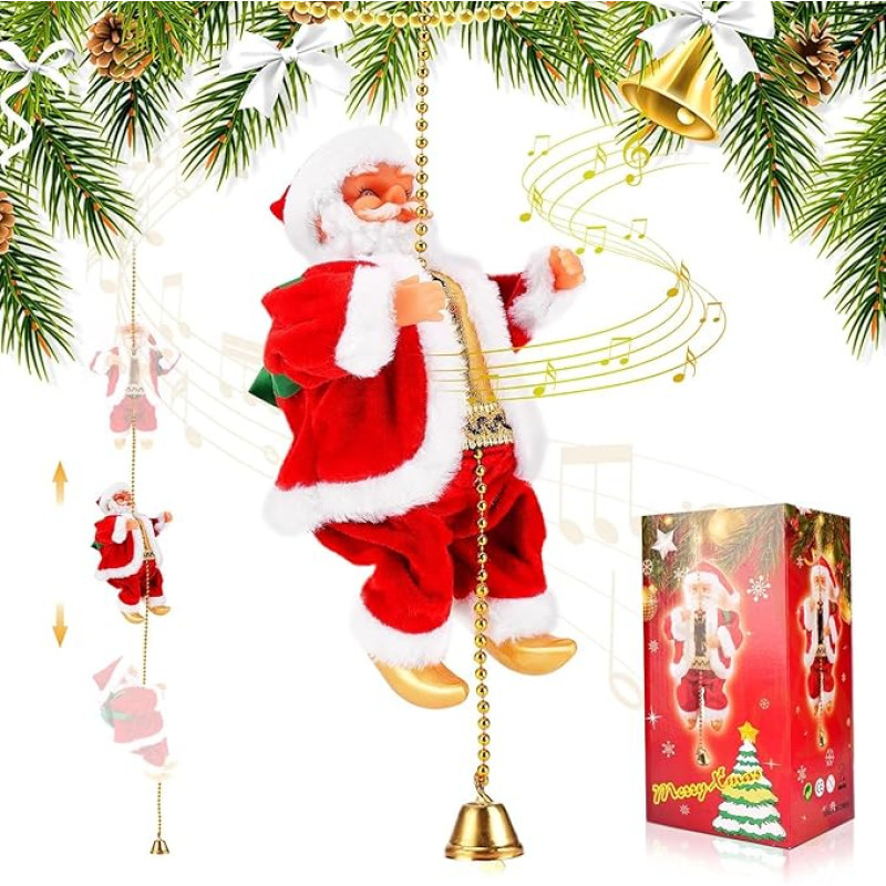 Auniq Climbing Rope Santa Claus with Music Christmas Electric Santa Decorations Climbing Santa Toy Hanging Christmas Doll Christmas Figure Ornament for Walls Windows