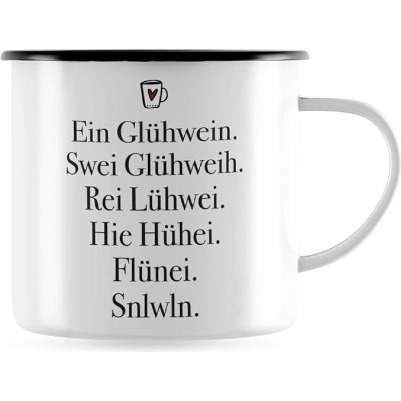 JUNIWORDS 1000191 Emaliuotas puodelis, gurkšnis vyno, Swei, Rei Lühwei, Hie Hühei, Flünei, Snlwln (1000191), juodas puodelio kraštas