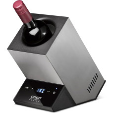 CASO WineCase One Inox dizaino vyno aušintuvas vienam buteliui, 5-18 °C temperatūros diapazonas, skirtas iki 9 cm skersmens buteliams, jutiklinis jutiklinis valdymas, nerūdijančio plieno korpusas, mažas