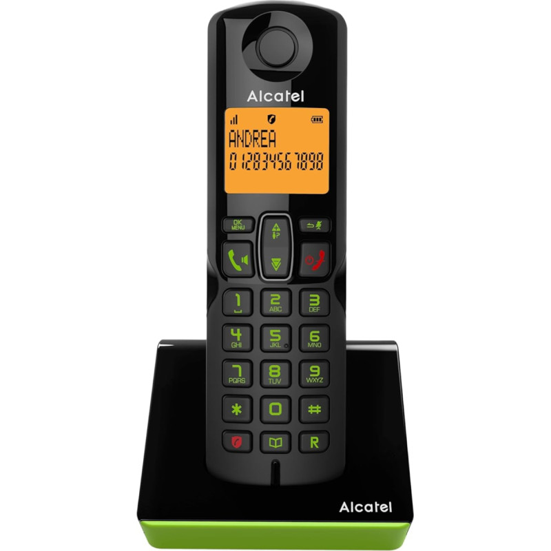 Alcatel S280 Black/Green Cordless DECT Telephone with Block Unwanted Calls, Large Display with Orange Backlight, Hands-Free Function, 3 Direct Memory Buttons