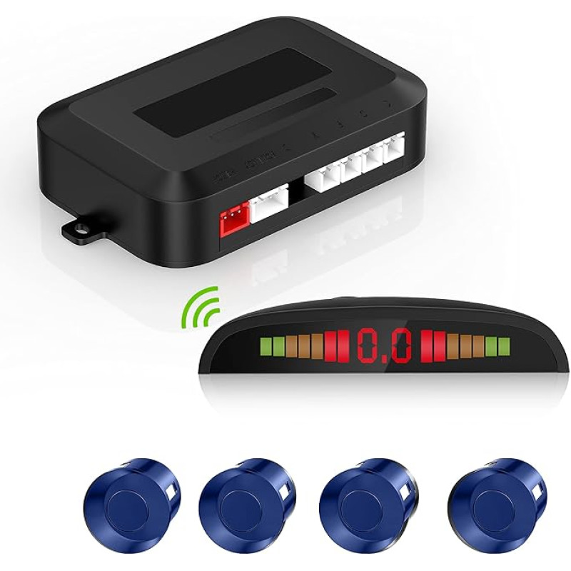 Parking Aid Wireless Kit, Reversing Radar System with 4 PDC Sensors, Wireless LED Distance Display with Acoustic Warning + 4 Blue Colour Parking Aid Rear for Car Vans RV Trailer